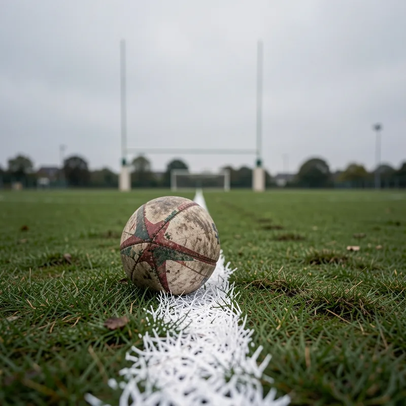 Ballon de rugby posé sur la pelouse d’un stade de club amateur avant une rencontre