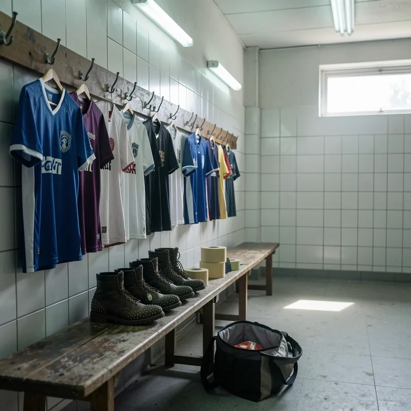 Vestiaire de club de rugby amateur avec maillots suspendus et crampons alignés