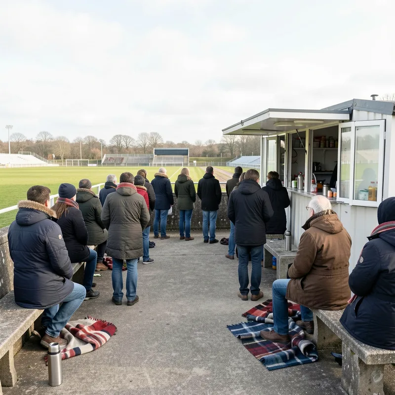 Tribune modeste d’un stade de rugby de province un dimanche après-midi d’hiver