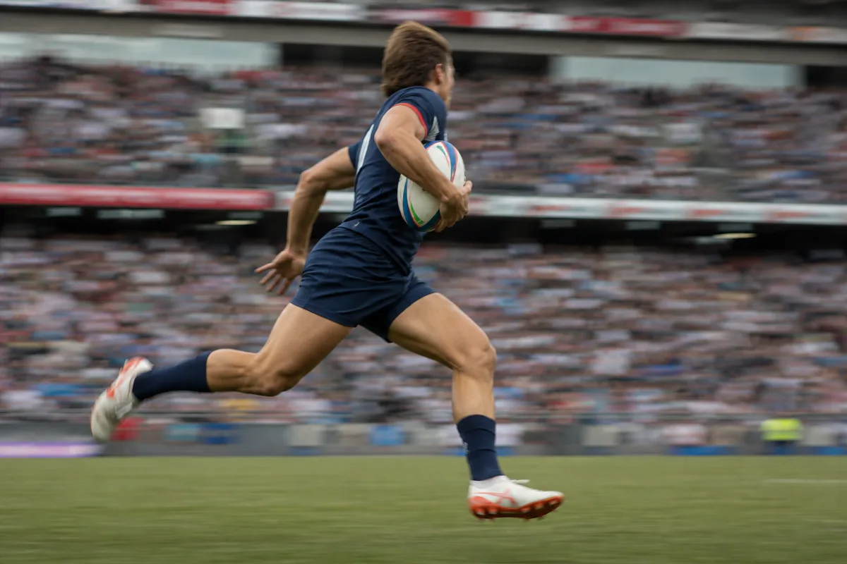 Joueur de rugby à sept lancé à pleine vitesse ballon sous le bras devant un stade plein