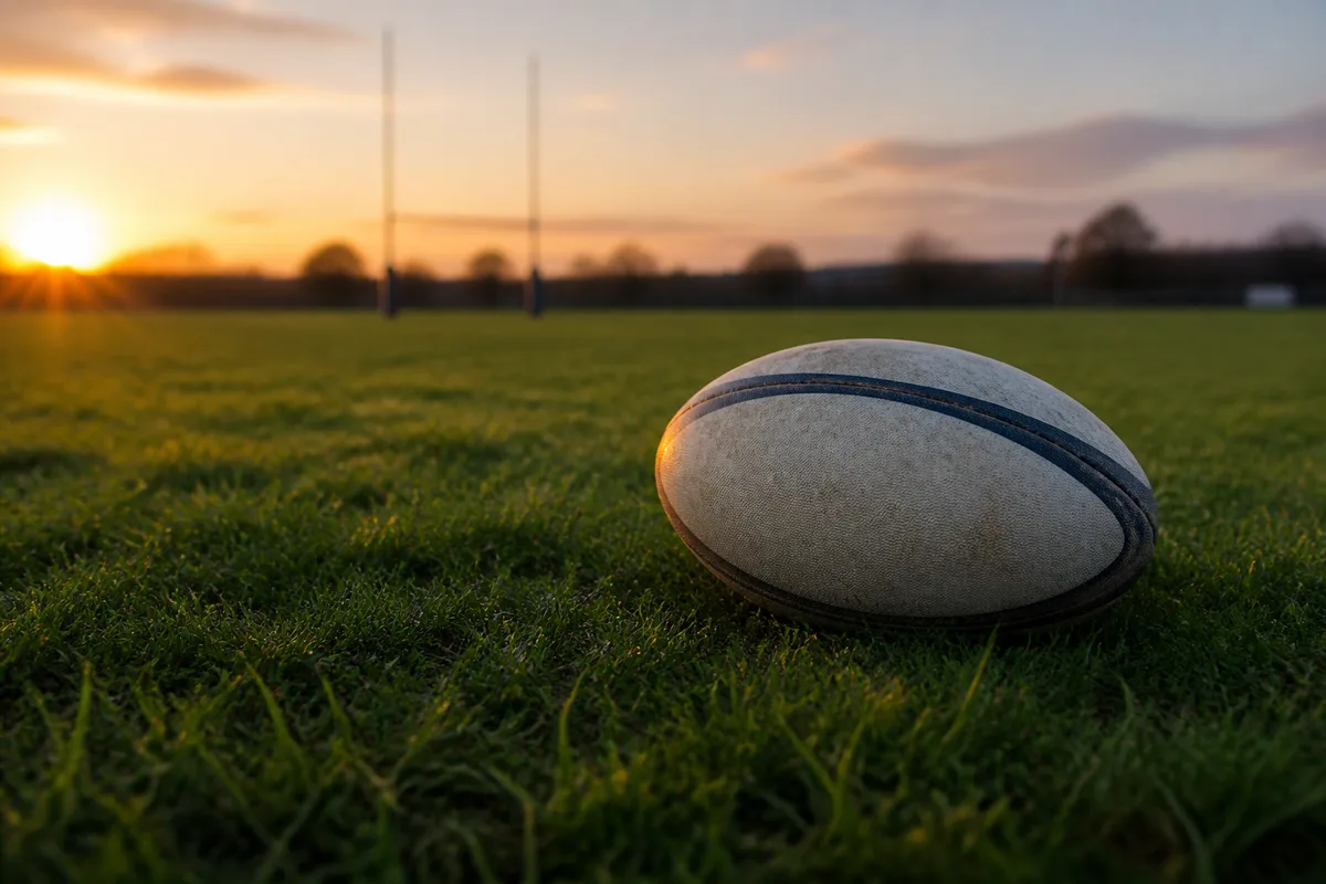 Ballon de rugby posé sur l’herbe d’un terrain d’entraînement au soleil couchant
