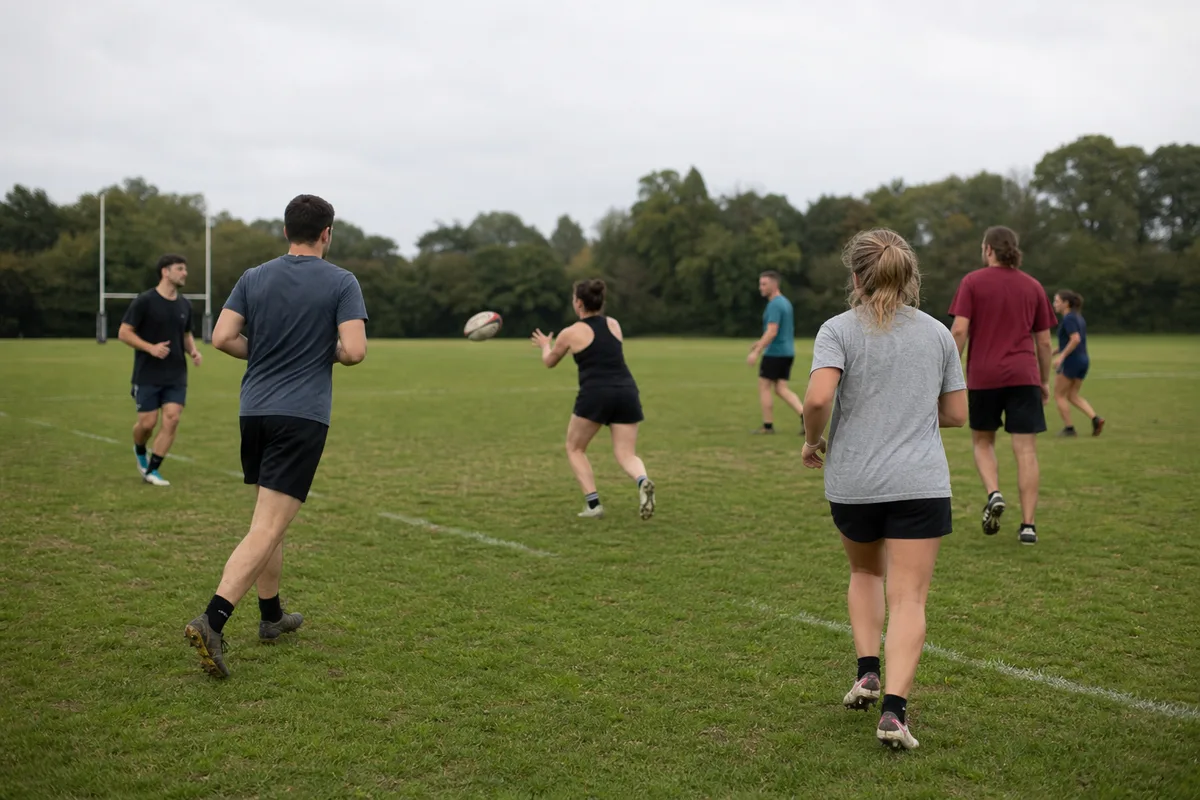 Adultes débutants en séance de rugby à toucher sur un terrain, exercice de passes en mouvement