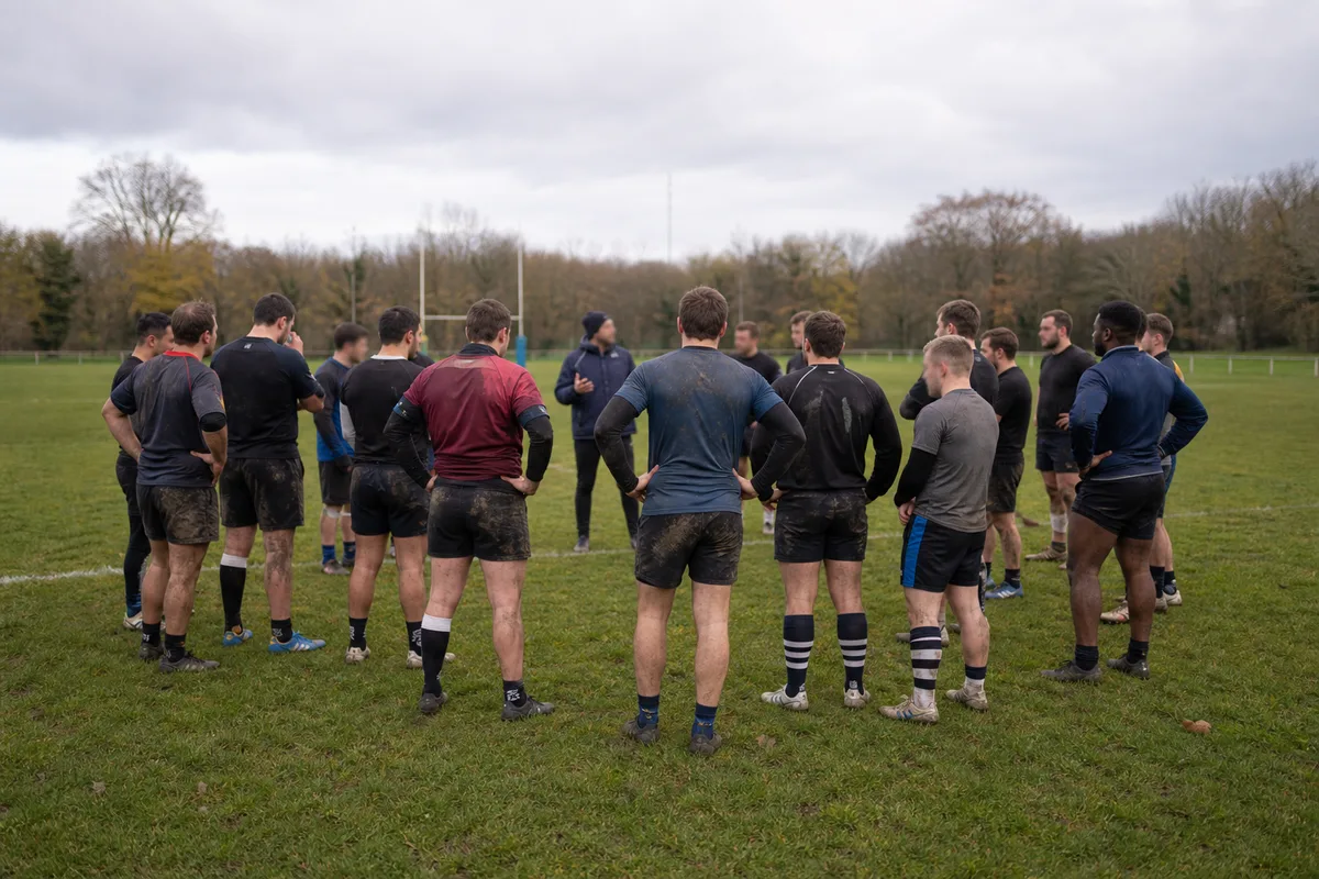 Groupe de joueurs adultes réunis autour d&rsquo;un éducateur en fin d&rsquo;entraînement de rugby