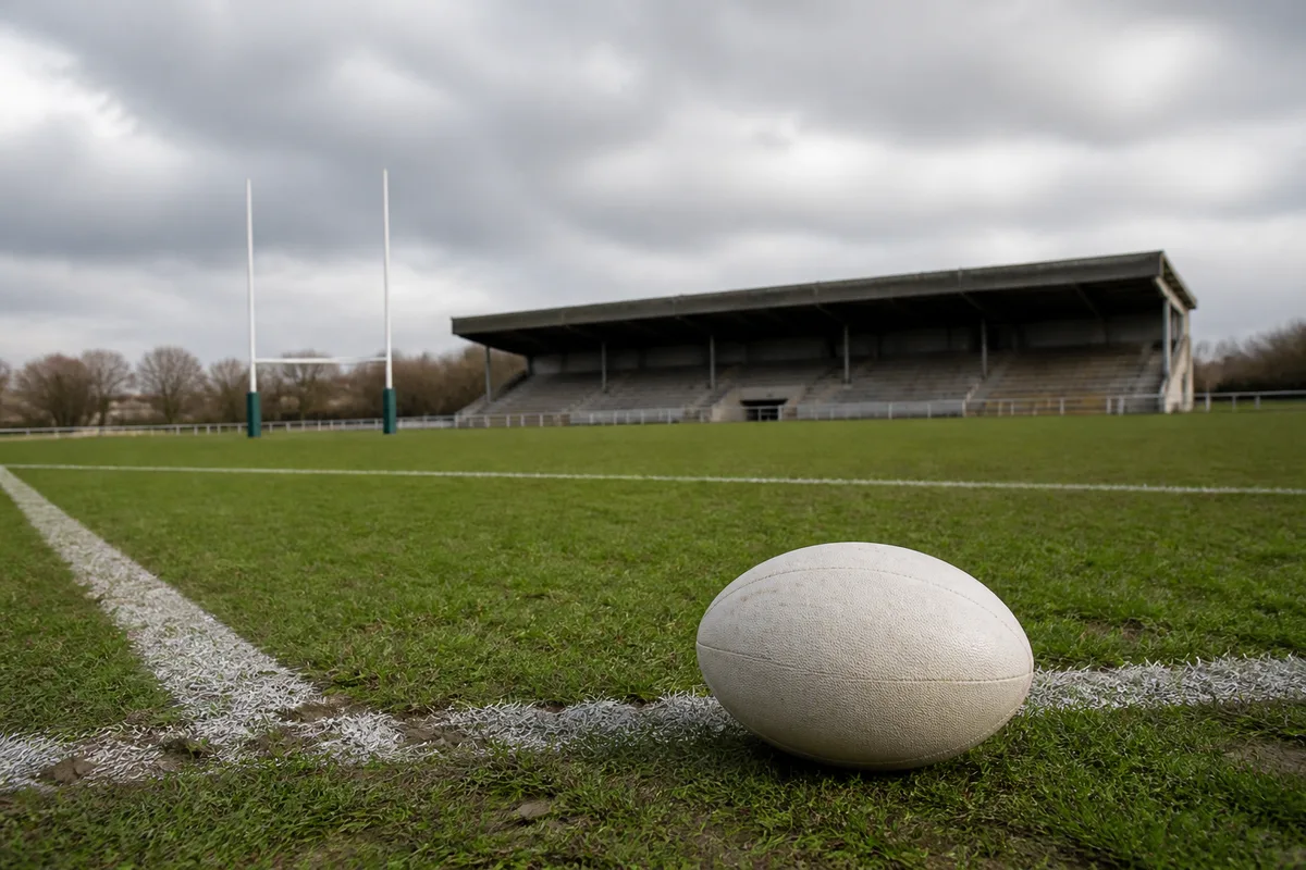 Terrain de rugby amateur en fin de journée, poteaux en H et lignes fraîchement tracées sur la pelouse