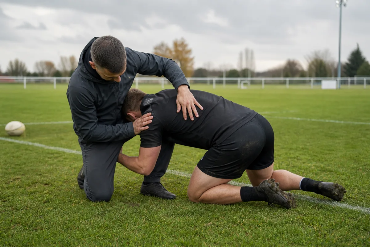 Éducateur montrant la position d&rsquo;épaule et le placement de la tête lors d&rsquo;un exercice de plaquage à genoux