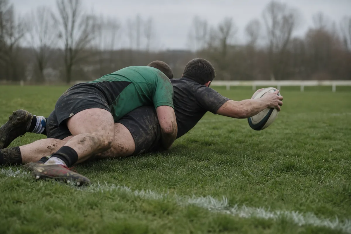 Deux joueurs de rugby au sol après un plaquage réussi, le porteur du ballon présentant le ballon vers son camp