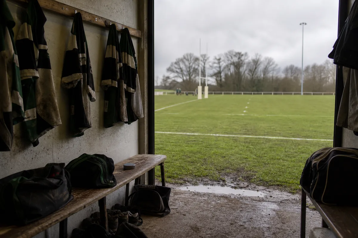Vestiaire de club de rugby amateur avec maillots suspendus et sacs de sport au sol