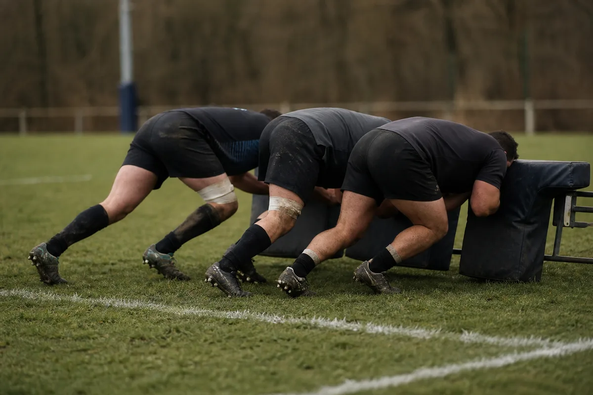 Trois avants de rugby en position de première ligne, épaules basses et dos plat, lors d&rsquo;un exercice de poussée à l&rsquo;entraînement