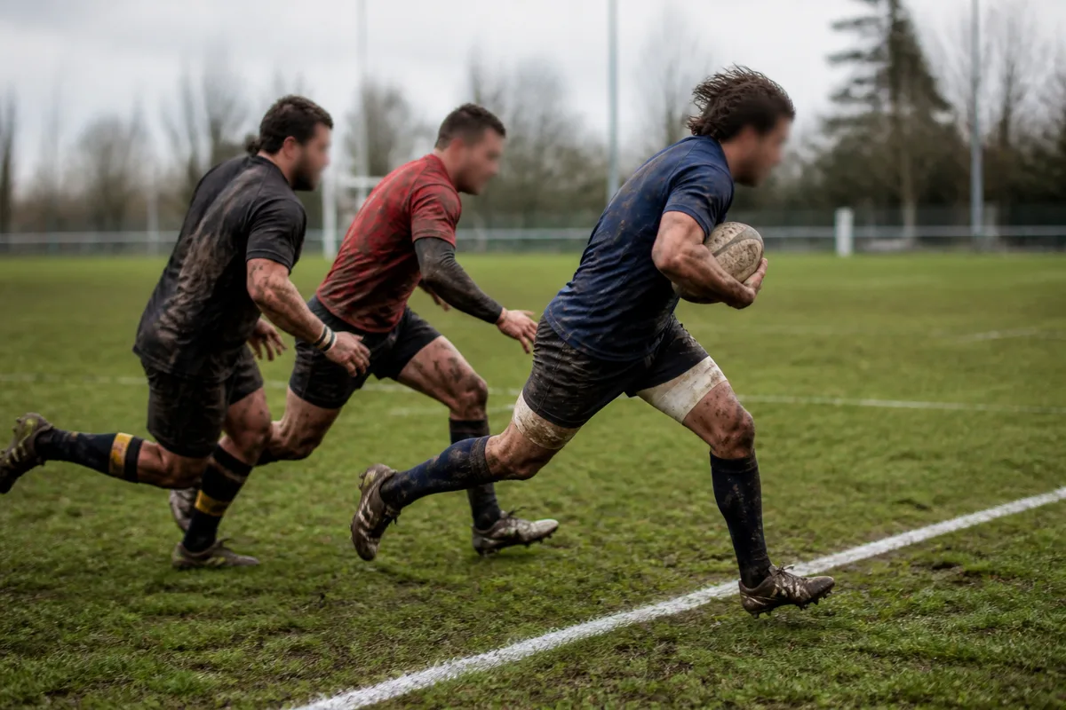 Ailier de rugby lancé le long de la ligne de touche, ballon sous le bras, poursuivi par deux défenseurs