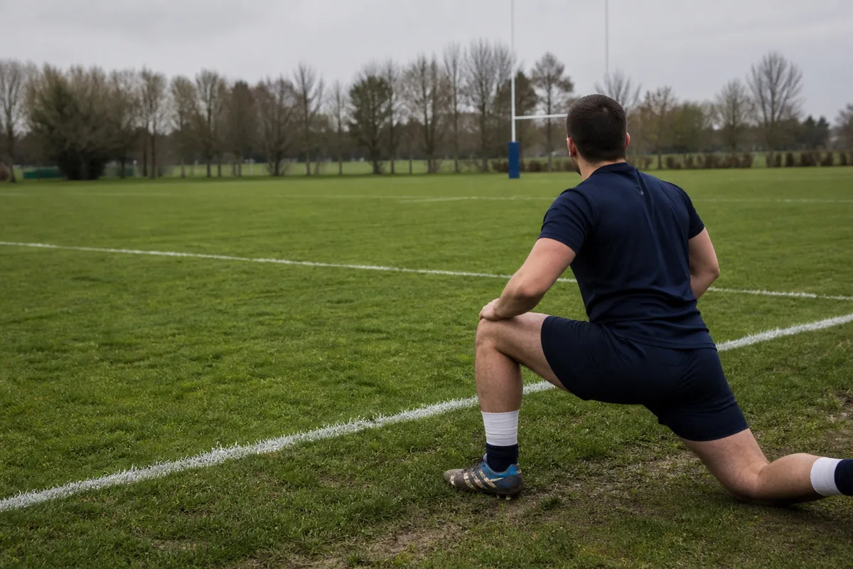 Joueur de rugby réalisant des étirements et de la mobilité de hanche au bord du terrain après une séance